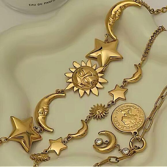 Gold Moon Star Sun Two Piece Chain Bracelet Set - Picture 8 of 10